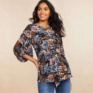 Motherhood Maternity | Black Floral Print Tie Front Balloon Sleeve Blouse Medium